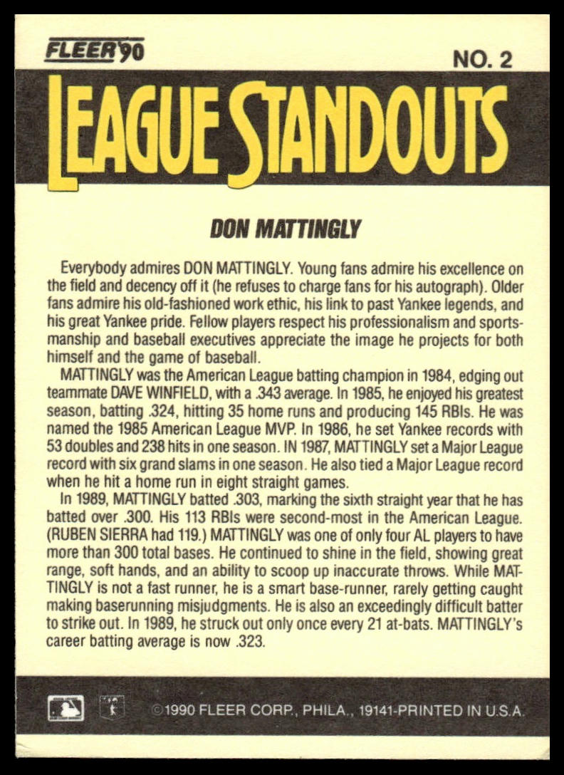 1990 Fleer #2 Don Mattingly League Standouts