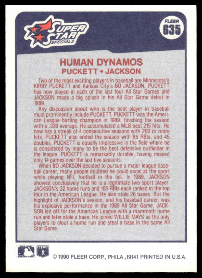 1990 Fleer Canadian #635 Human Dynamos - Kirby Puckett / Bo Jackson