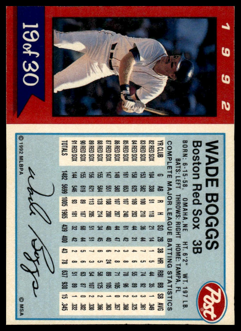 1992 Post Cereal #19 Wade Boggs