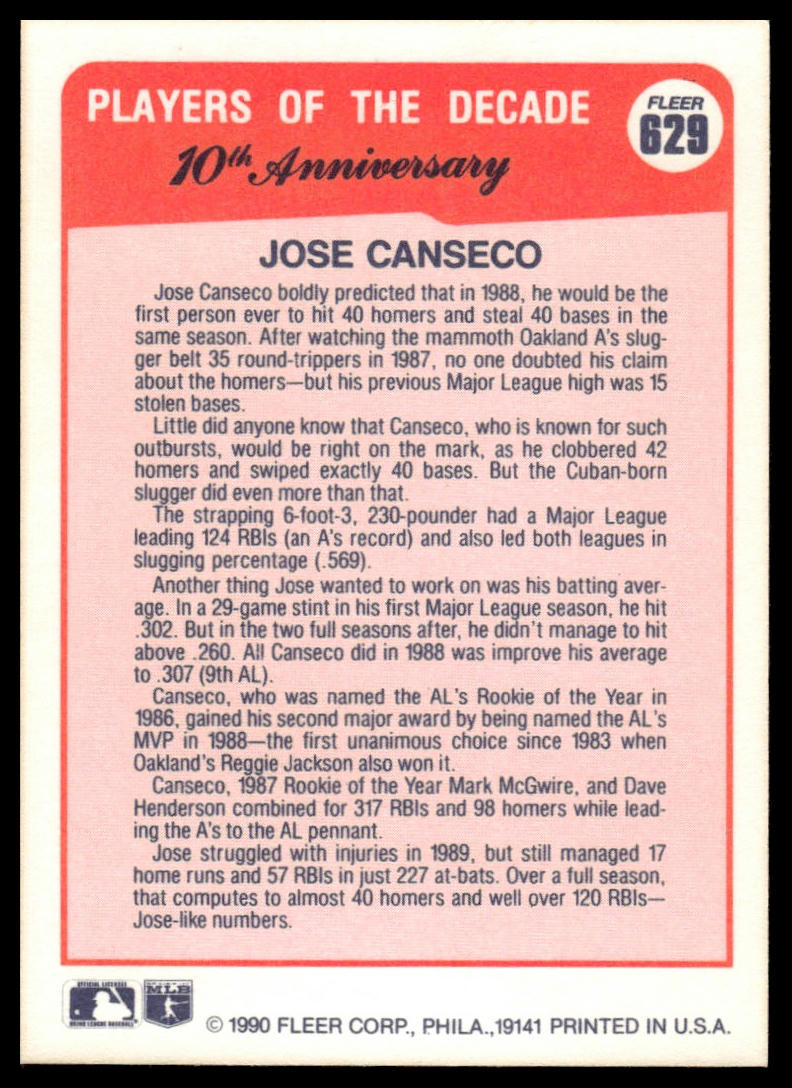 1990 Fleer Canadian #629 Jose Canseco