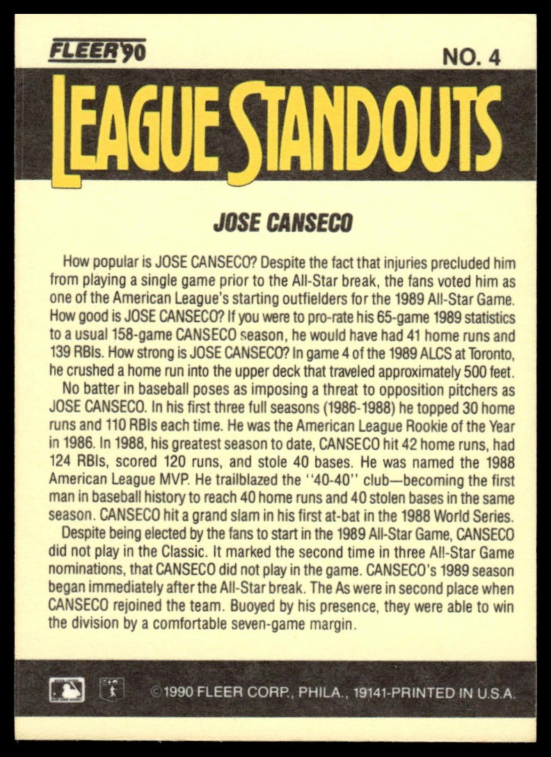 1990 Fleer #4 Jose Canseco League Standouts