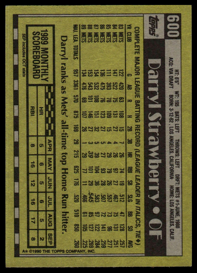 1990 Topps #600 Darryl Strawberry