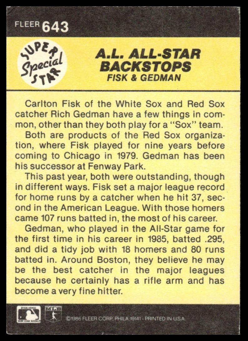 1986 Fleer #643 A.L. All-Star Backstops (Carlton Fisk / Rich Gedman)