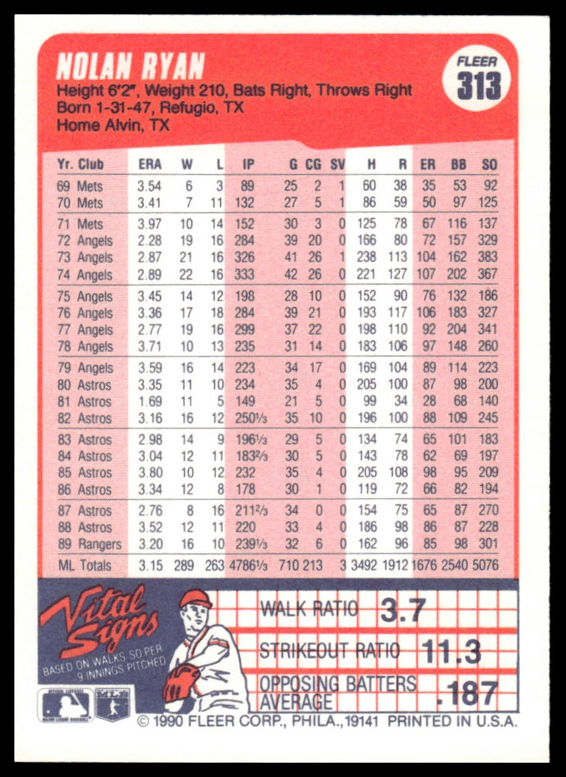 1990 Fleer #313a Nolan Ryan