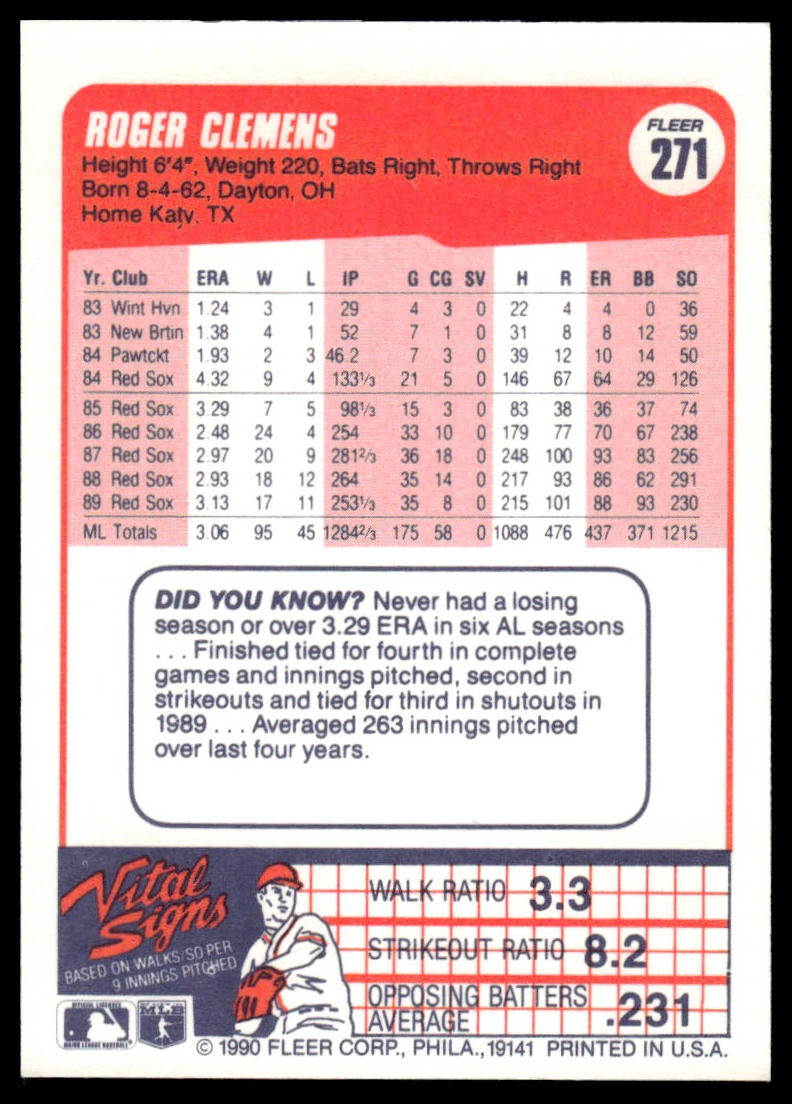 1990 Fleer #271b Roger Clemens