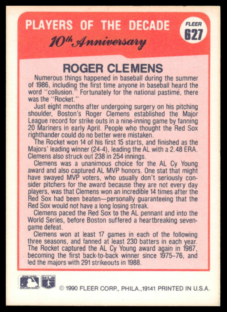 1990 Fleer Canadian #627 Roger Clemens