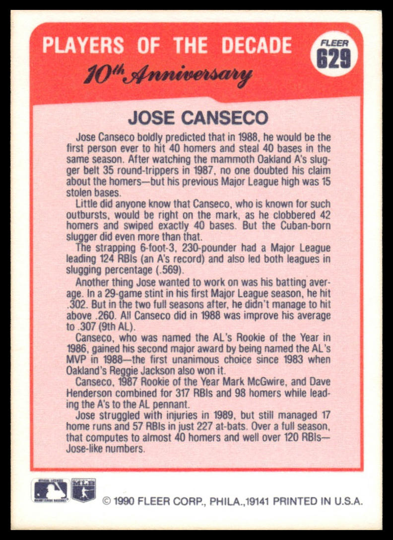 1990 Fleer #629a Jose Canseco