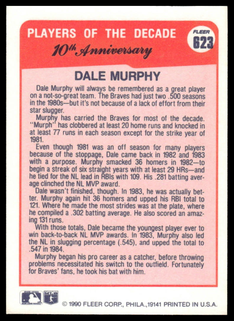 1990 Fleer #623b Dale Murphy