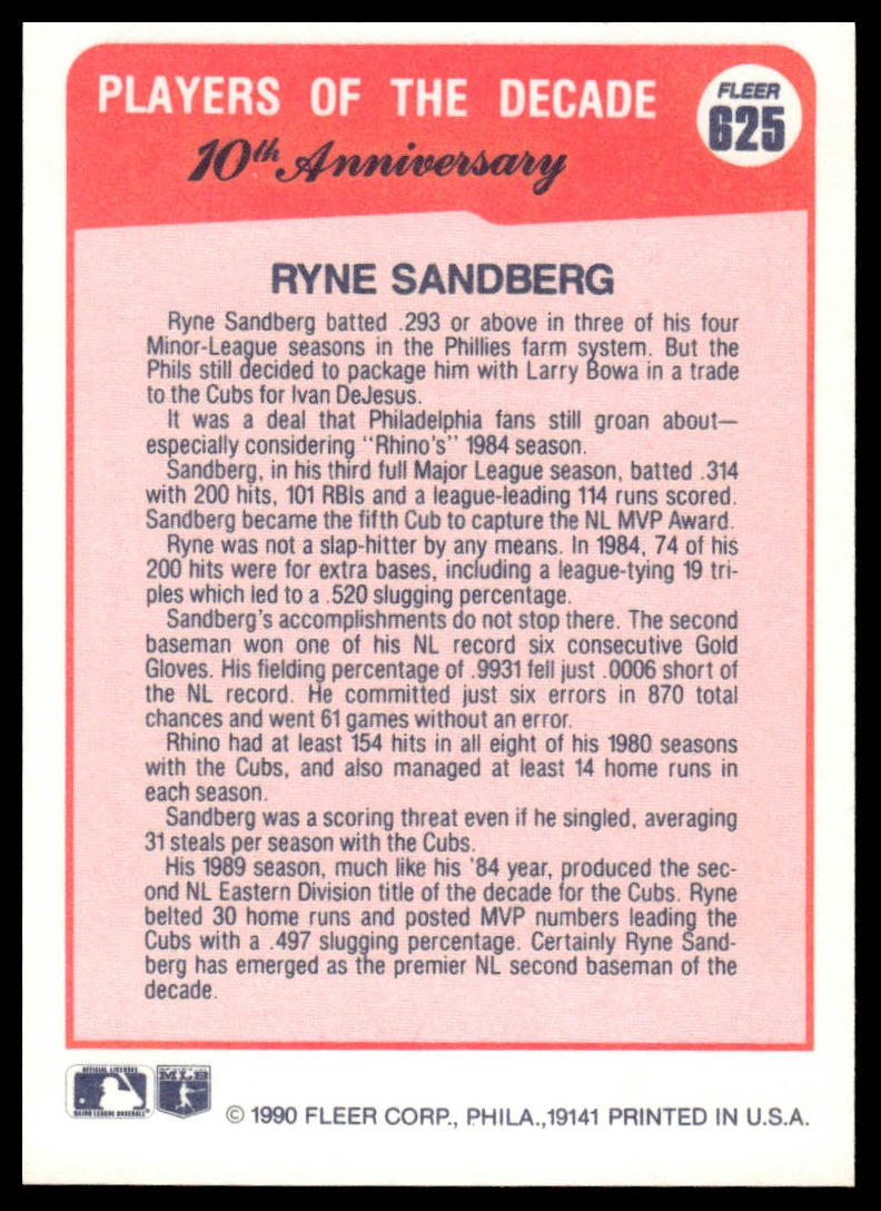 1990 Fleer Canadian #625 Ryne Sandberg