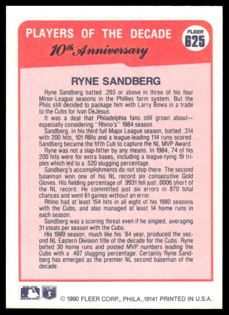 1990 Fleer #625a Ryne Sandberg