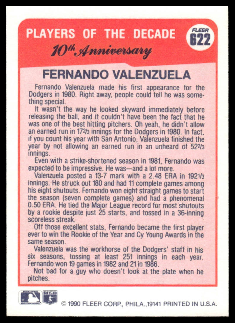 1990 Fleer #622b Fernando Valenzuela