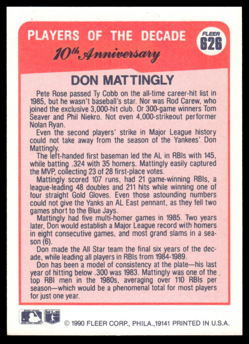 1990 Fleer Canadian #626 Don Mattingly