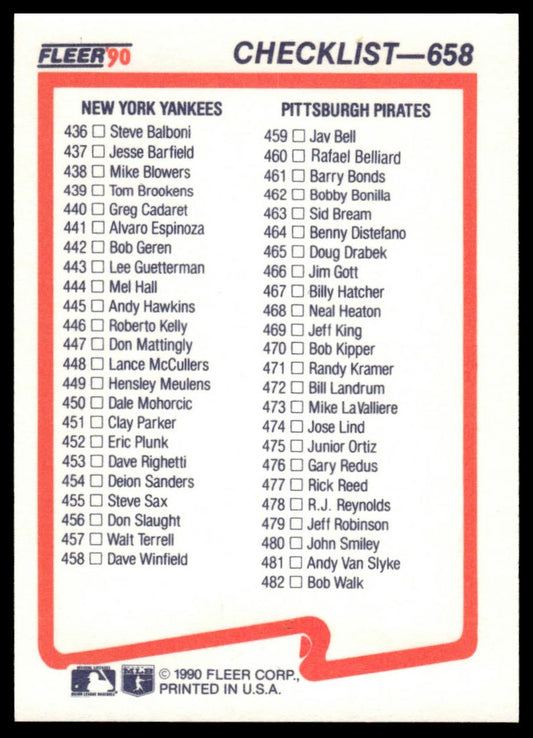 1990 Fleer #658a Checklist: Dodgers / Reds / Yankees / Pirates