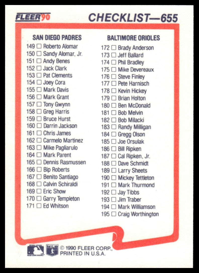 1990 Fleer #655a Checklist: Royals / Angels / Padres / Orioles